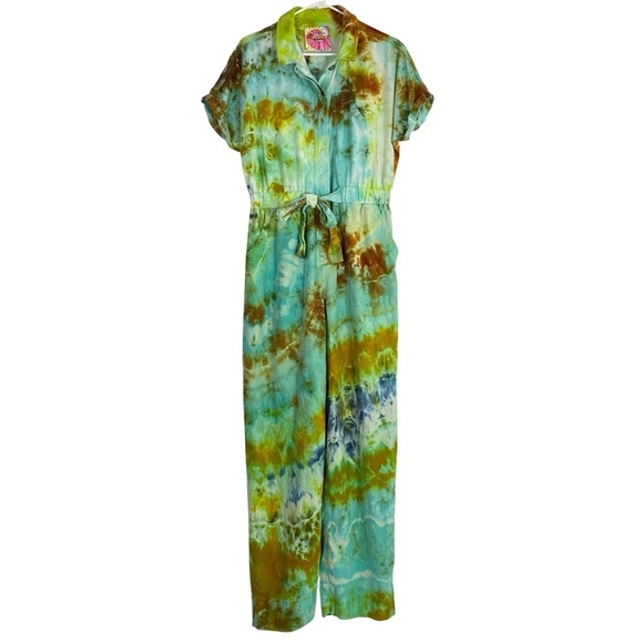 Handmade Pants - Handmade Tie Dye Jumpsuit Womens Size 8 Linen Jumper Pants Straight Leg Romper